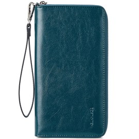 BOSTANTEN Leather Wallets for Women RFID Blocking Zip Around Credit Card Holder Phone Clutch Wristlet Peacock Blue