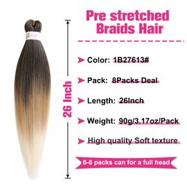 Unionbeauty Pre Stretched Braiding Hair 26 Inch 8 Packs Ombre Brown Blonde Crochet Easy Braid Hair Extensions Synthetic Braid Hair Crochet Hair Hot Water Setting for Box Braids Yaki Texture(1B27613#)