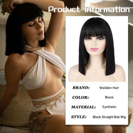 Wallden Hair 14 Inch Black Bob Wig With Bangs + Golden Sequin Headband for Cleopatra Costume Heat Resistant Synthetic Straight Bob Wigs For Cospaly Halloween Party Daily (14inch)