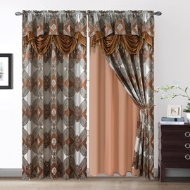 Petrichor Elegance Curtains with Gold Silver Threads 2 Panels Set - Luxury Window Treatment Attached Valance, Sheer Backing, and 2 Tie Backs for Bedroom and Living Room, 54x84 inches, Brown