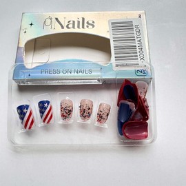 ONPRESS 24Pcs Independent Day Press on Nails Short Almond Fake Nails with Glitter American Flag Design 4th of July Acrylic False Nails Colorful Bling Ombre French Tips Glue on Nails for Women Decor