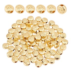 GOMAKERER 80 Pcs Alloy Evil Eye Spacer Beads 6mm, Real 18K Gold Plated Flat Round Beads Long Lasting Plated Bead Loose Spacer Beads for Jewelry Necklace Making Craft Supplies
