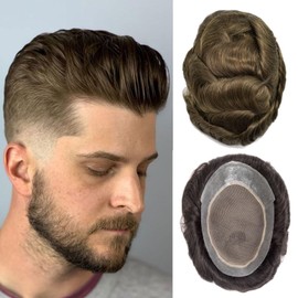 Ehairc Mens Toupee French Lace Pu Front Hair System For Men Breathable Toupee For Men 100% Human Hair 120% Medium Density Base Size 8X10 Inch (#6)