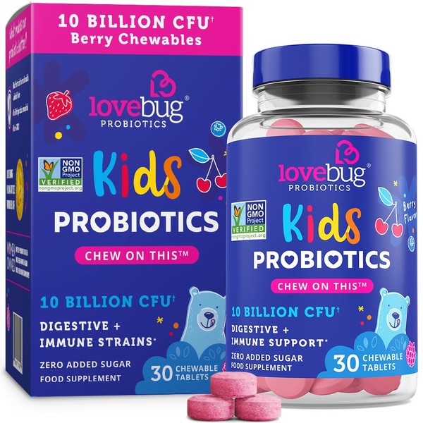 Lovebug Probiotic for Kids | Multi-Strain 3 Billion CFU | Constipation & Stomach Discomfort | Added Prebiotic Fiber | Immune Support | Sugar Free | Ages 4+