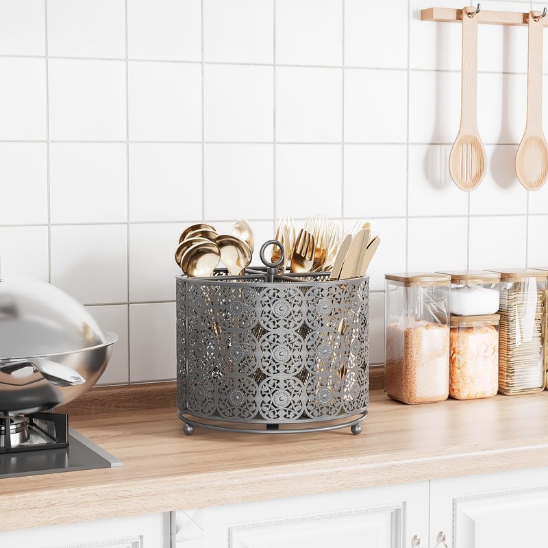 EKNITEY Rotating Utensil Caddy Countertop - Higher Raised Cutlery Caddy