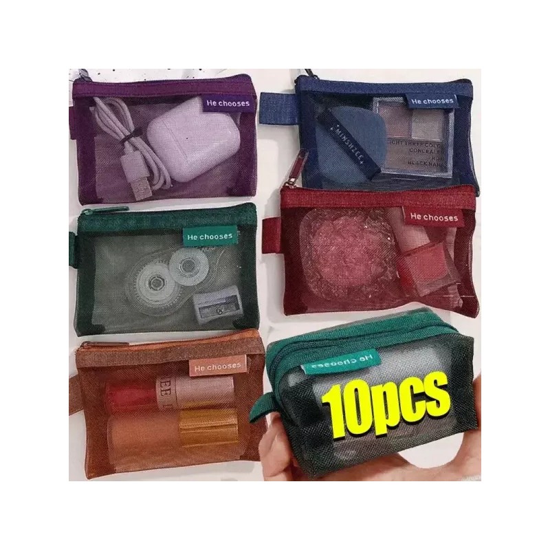 1/10Pcs 투명 메쉬 동전 지갑 미니 지퍼 가방 이어폰 데이터
