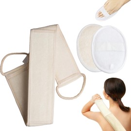 Loofah Exfoliating Back Scrubber Set, 2-Piece Natural Luffa Pad and Double Side Scrubbing Strap, African Net Sponge for Shower and Travel, White, 14.5 cm x 10 cm and 70 cm x 8 cm