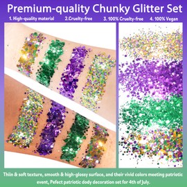Allstarry Mardi Gras Face Glitter, 4 Colors Chunky Body Glitters Purple Green Gold Face Glitter Eyeshadow Makeup Hair and Eye Glitter Mardi Gras Accessories for Women Mask Balls Street Parties