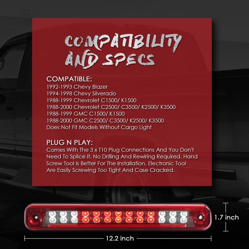 3rd Third Brake Light LED Compatible with 1988-1999 Chevy/GMC C/K-Series