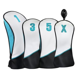 Majek Teal White and Black Golf Clubs Premium Head Covers 460cc Driver + Fairway Metal Woods Set with Adjustrable Wheel Tag Fits for Most Brands (#1, 3, 5, X)