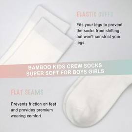 SERISIMPLE Viscose Bamboo Kids Crew Socks School Anti Odor Socks for Boys Girls Uniform Light Weight Flat Seam Socks 5 Pairs (US, Alpha, Small, Regular, White)