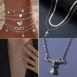 IFNODO 92 PCS Silver Plated Jewelry Set with 8 PCS Necklace, 19 PCS Bracelet, 44 PCS Stud Hoop Earring, 21 Pcs Knuckle Rings for Women Valentine Anniversary Friendship Gift