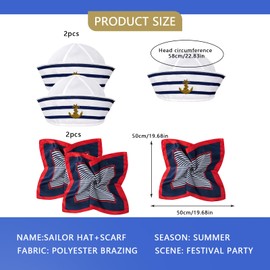 EULAPGOE Pack of 4 Stripes Sailor Hat and Scarf Set, Sailor Hat Captain Hat Navy Hat Blue with White Sailing Hats for Children Marine Costume Accessories, Fancy Dress Party