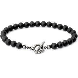 Mezcla Vida Men's Black Onyx Bead Bracelet, 6mm, Antique Oxidized Stainless Steel OT Clasp, Natural Stone (Black Onyx, Regular)