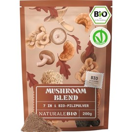 NaturaleBio Mushroom Powder 200g 7 Vital Mushrooms Organic Reishi, Lion Mane, Chaga, Maitake, Cordyceps, Shiitake, Tremella. Vegan, Gluten Free and GMO Free, Improves Energy and Cognitive Functions