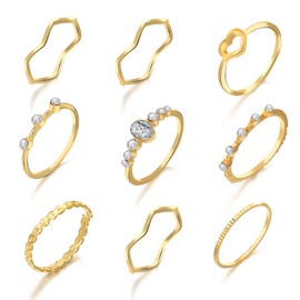 LEEQBCR 9 Piece Boho Ring Gold Rings Set Crystal Finger Rings Fashion Ankle Rings for Women and Girls, silver