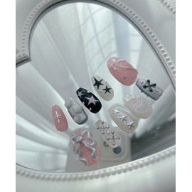 Y2K Lovely Silver Star Char Handmade Nail Tips - Almond Egg / Y2K 러블리 실버스타 챰 수제네일팁 - 아몬드에그