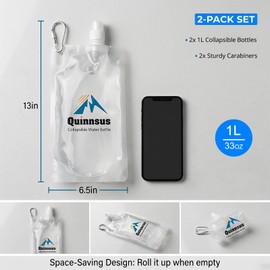 Quinnsus 2-Pack 1L Collapsible Water Bottles, 33oz BPA-Free Reusable Plastic Flasks, Foldable Backpacking Water Bottle Bag for Traveling, Hiking, Camping, Running