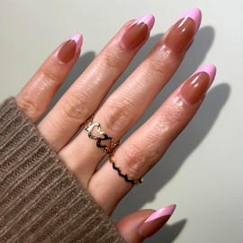 Fomkrio Pearl Hot Pink French Tip Short Press On Nails Almond Acrylic Fake Nails Daily Minimalism Spring Summer Nails for Women Girls, 15 Sizes - 30Pcs Manicure Nail Kit