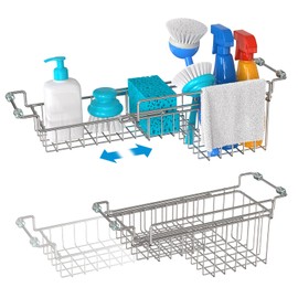 FavoThings Over The Kitchen Sink Caddy Sponge Holder Organizer Drying Rack Expandable for Sponge Brush Soap Dish Cloth Rag Expand from 12.25" to 17.25" for 11" to 15" Sink, Stainless Steel