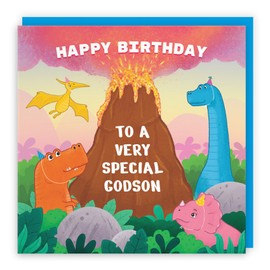 Hunts England - Godson Dinosaur Children’s Birthday Card - Happy Birthday - To A Very Special Godson - Dinosaurs & Volcano - Imagination Collection