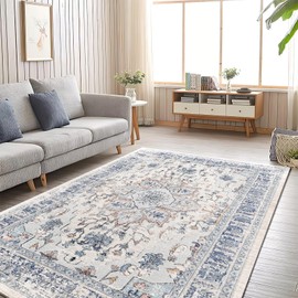 BESTSWEETIE Area Rug 6x9 Rugs for Living Room 6 x 9 Washable Rugs Non Slip Vintage Boho Living Room Rugs for Bedroom Dining Room, Distressed Floral Pattern Carpet, Beige Blue