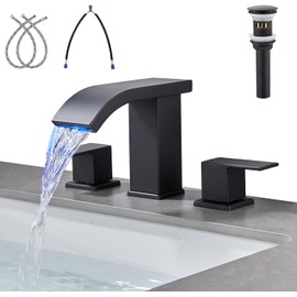 LED Light Black Waterfall Bathroom Faucet 3 Holes - 8Inch Widespread Bathroom Sink Faucet | Two Handles Lavatory Vanity Sink Faucets with Pop-up Drain Assembly & Supply Lines
