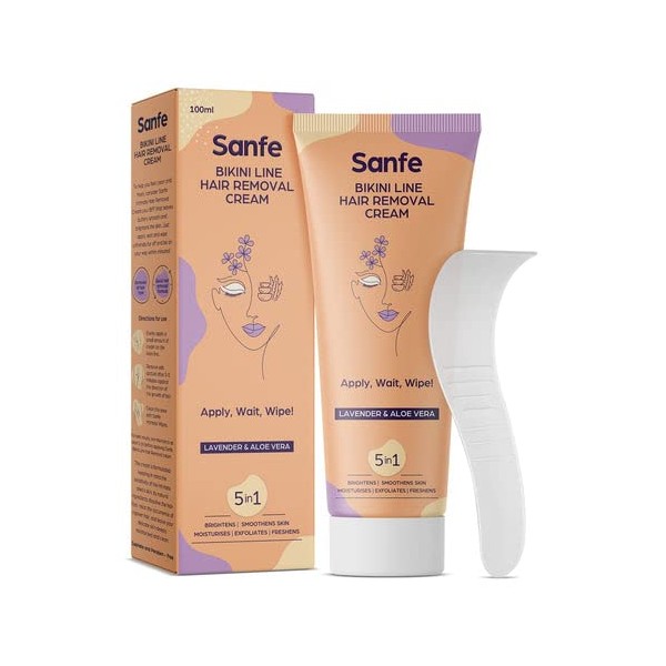 Sanfe Bikini Line Hair Removal Cream with Spatula and Intimate Wipes - 100g - Natural and Safe for sensitive skin - Lavender, Aloe Vera, Shea Butter