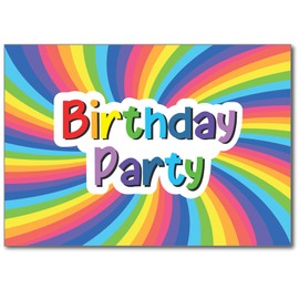 12 x Bright Rainbow Birthday Party Invitations with Orange Envelopes & Matching Stickers