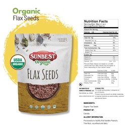 Sunbest Natural Organic Flax Seeds 32 oz (2 LB) - USDA organic, Non-GMO, Gluten Free, Vegan, Kosher- Premium Quality Superfood, Omega-3s, Fiber for Heart Health and Digestive Support - 2-Pack 16 oz