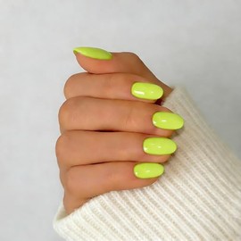 SXVME Uñas postizas cortas de gel suave, 32 piezas, 16 tamaños, verde neón transparente, ovaladas, reutilizables, con pegamento, fluorescentes natural
