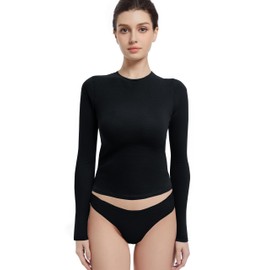 Abonlen Long Sleeve Shirts for Women Crewneck Basic Tees T Shirts Fitted Crop Tops Y2k Going Out Tops (Black,Small)