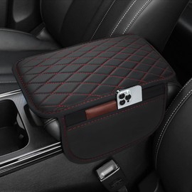 Car Center Console Cover Leather Armrest Cover Cushion with 2 Storage Bags Universal Car Armrest Seat Box Pad Car Interior Accessories Protector for Most Vehicle (red line)