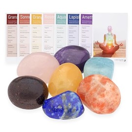 Tumbled Chakra Set with Destination Cards, 7 Real Gemstones, Premium Mix with Amethyst, Rose Quartz, Aquamarine, Garnet (Variant 2)
