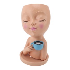 Resin Face Plant Pot Creative Cute Small Drinking Coffee Succulent Planters with Drainage Hole for Indoor Outdoor Garden Decor Orange