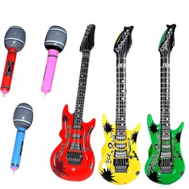 Inflatable Guitar, Pack of 6 Inflatable Instruments, Colourful Inflatable Guitar, Microphones, 3 Inflatable Guitars, 3 Microphones, Inflatable Guitar for Celebrating Carnival