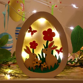 JOFONY Easter Bunny Lamps, Easter Decoration Wooden Rabbit LED Light Made of Wood Night Light Decorative, Rabbit Ornament LED Table Decoration for Easter Party Decoration