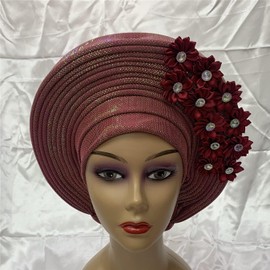 SugeGasa Pre Tied African Headtie Hat Turban Cap For Women Nigerian Aso Oke Headtie Auto Gele Head Wrap For Wedding Party-200G (Burgundy)