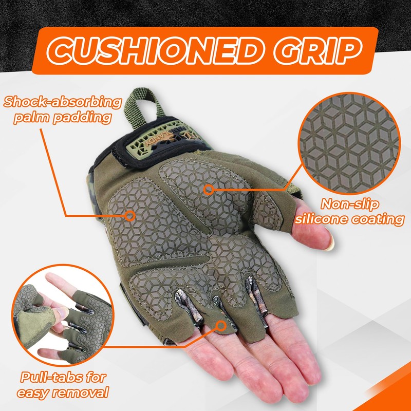 HANDLANDY Fingerless Work Gloves for Men, Padded Tactical Mechanics Gloves,