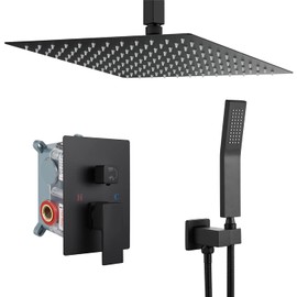 Airuida 12 Inch Square Matte Black Shower Faucet Rough-in Valve Bathroom Luxury Ceiling Mount SUS304 Ultra-thin Rainfall Shower Head Brass Shower All-in-one Handheld Hold Rain Mixer Shower System Set