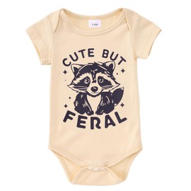 MODNTOGA Infant Girl Boy Bodysuit Cute But Feral Raccoon Graphic Onesie Newborn Baby Animal Print Short Sleeve Romper Tops (Beige, 6-12 Months)