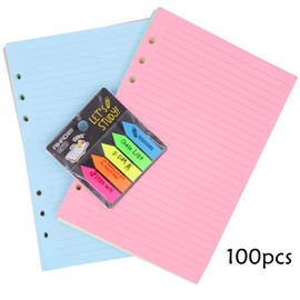 100 Sheet Colored A5 Refills Paper,6 Punched Holes 8.26x5.59 Inch Notepaper, Loose-Leaf Refillable Lined Paper and 100 Pcs Note Flags Index Tabs for Notes Meeting Travel Record