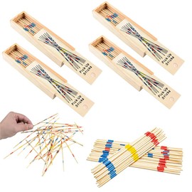 Chochkees Classic Wooden Thin Pick Up Stick Game 31 Pieces Fun Family Game Gift Idea, 7" Tall, (4-Pack)