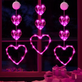 LYUBASA 3 Pack Valentines Day Window Lights Decorations with Timer, Battery Powered Hanging Pink Lighted Heart Shaped Silhouette Sucker LED Lamp for Fireplace Indoor Home Decor