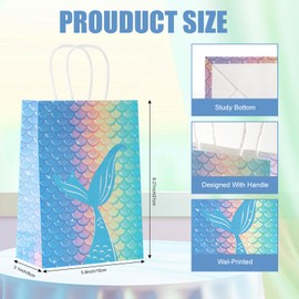 Cabaubl 12 PCS Mermaid Goodie Bags,Mermaid Party Favor Bags,Mermaid Candy Goodie Treat Bags,Kraft Paper Gift Bags with Handles,Mermaid Party Bags for Under The Sea Baby Shower Birthday Party Supplies