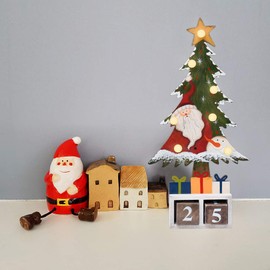 Tabletop Christmas Tree with LED Lights Santa Decor Xmas Countdown Calendar Wooden Xmas Tree Table Top for Winter Holiday Christmas Decoration (Red santa)