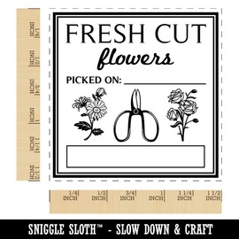 Fresh Cut Flowers Picked On Self-Inking Rubber Stamp Ink Stamper - 1-1/2 Inch Large - Blue Ink