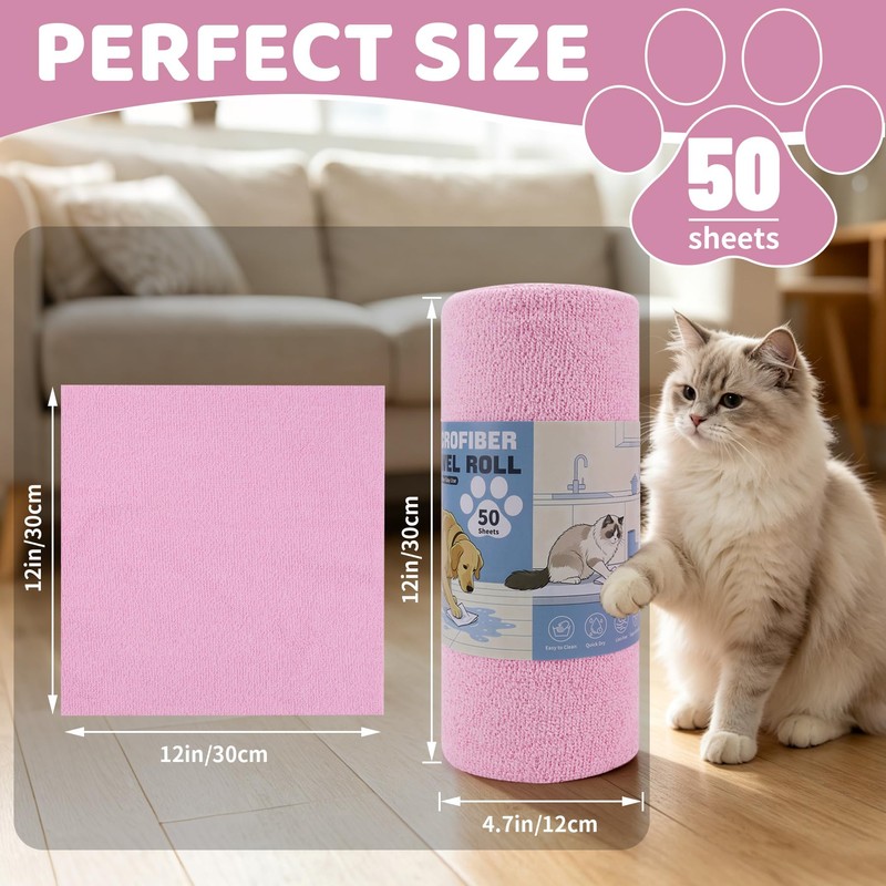 PCCALIGO 50-Pack Microfiber Cleaning Cloth Roll 12"x12", Lint-Free, Pink