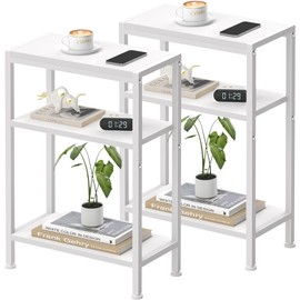 Narrow Side Table for Small Space Set of 2, 3-Tier Small End Table with Shelf Holder, Slim Nightstand, Skinny Snack Couch Table in Living Room, Bedroom, Study, Kitchen and Balcony（White