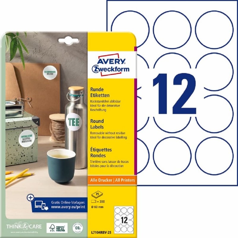 Avery Zweckform L7104REV-25 Pack of 300 Labels, Circular, Removable, Diameter 60 mm,